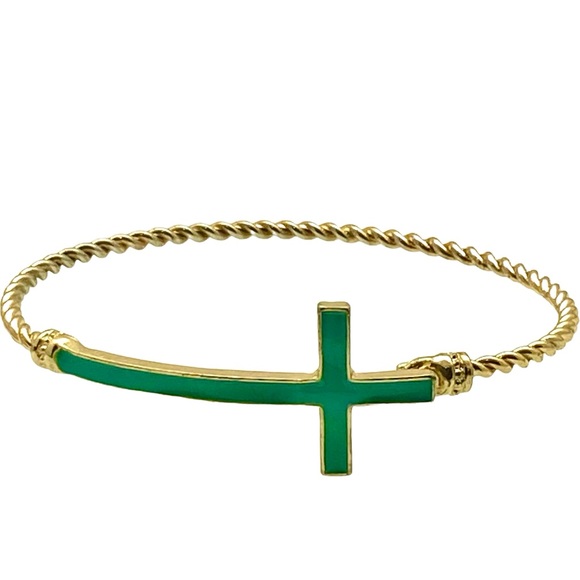 Vintage hinged bangle bracelet horizontal sideways cross gold tone green enamel - Picture 1 of 5